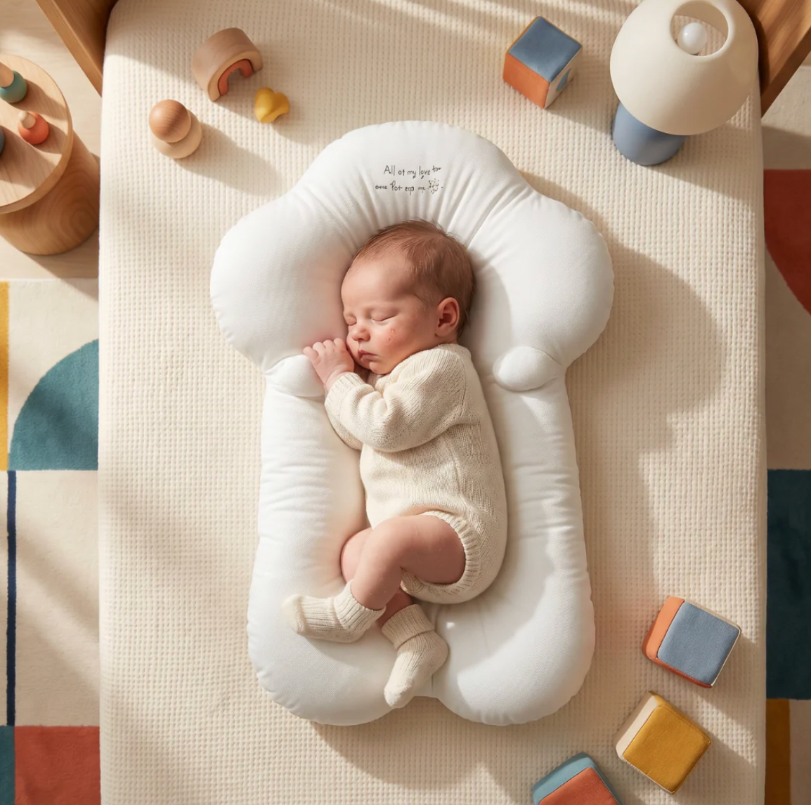 Newborn baby sleeping in a white cushion surrounded by colorful blocks on a wooden floor.