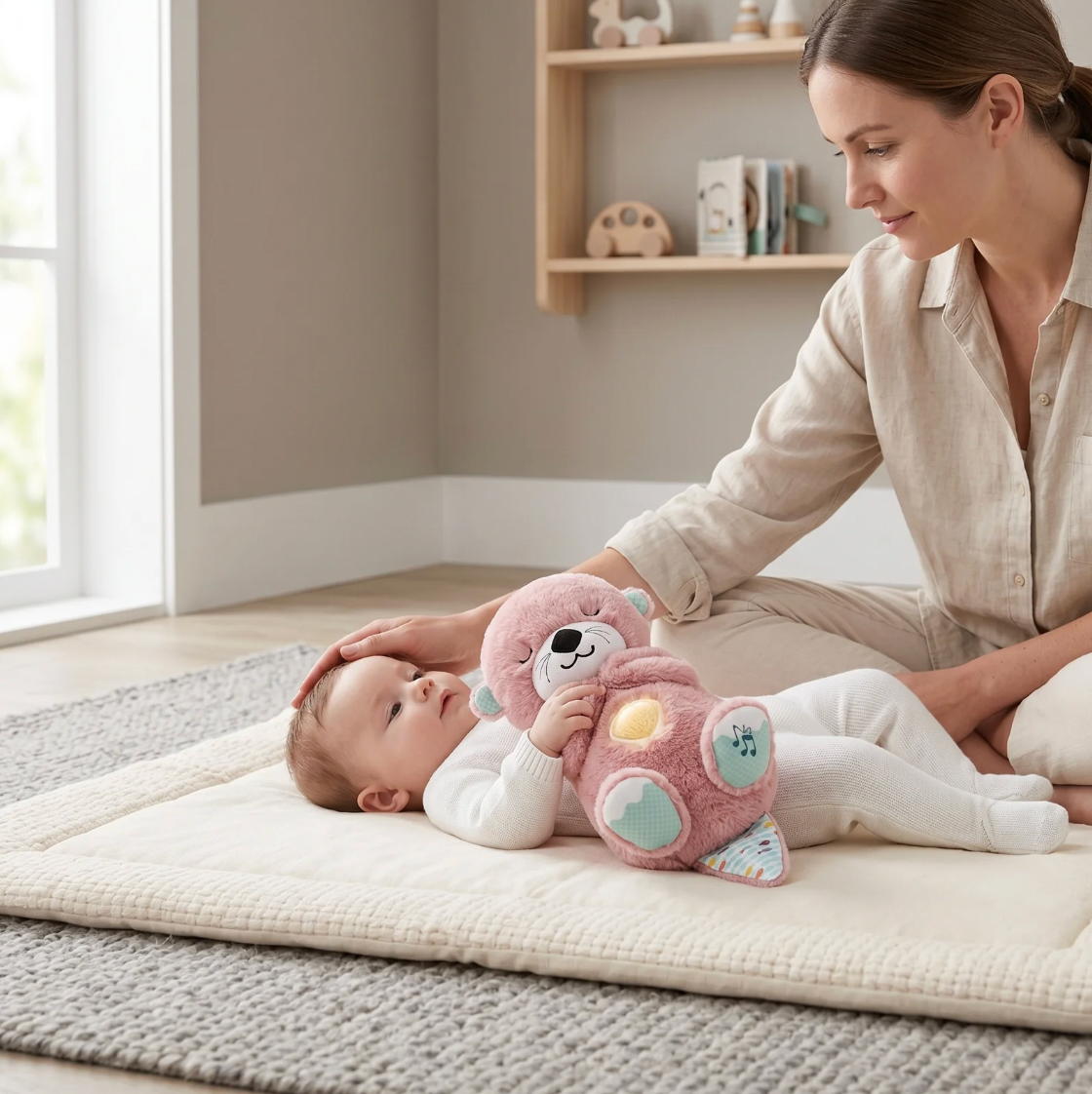 Woman and baby playing with a pink teddy bear on a mat in a room.