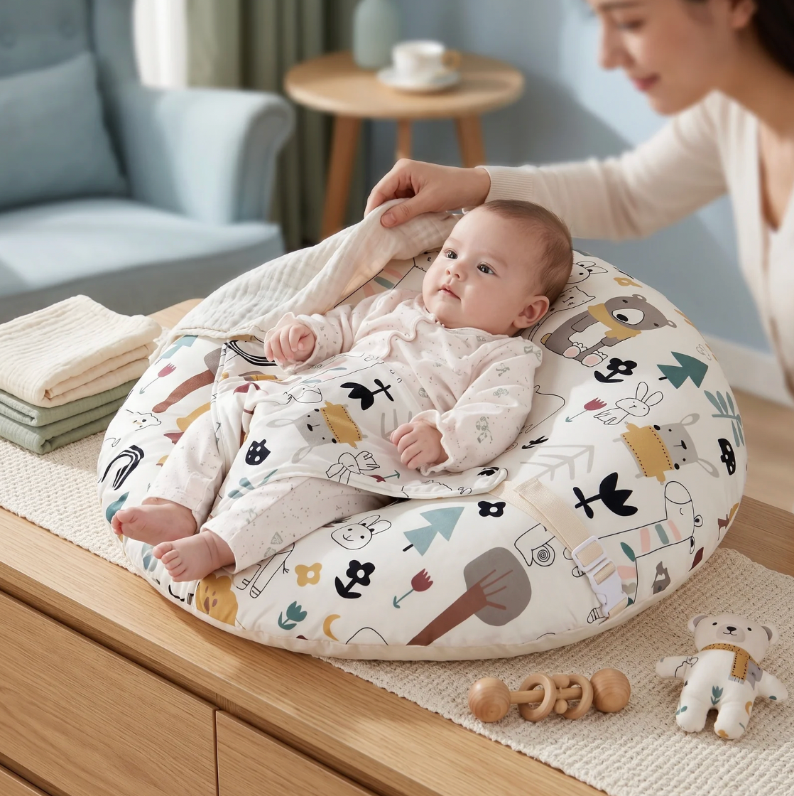 Baby sitting in a patterned cushion with a woman in a living room setting.