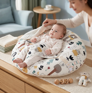 Baby sitting in a patterned cushion with a woman in a living room setting.