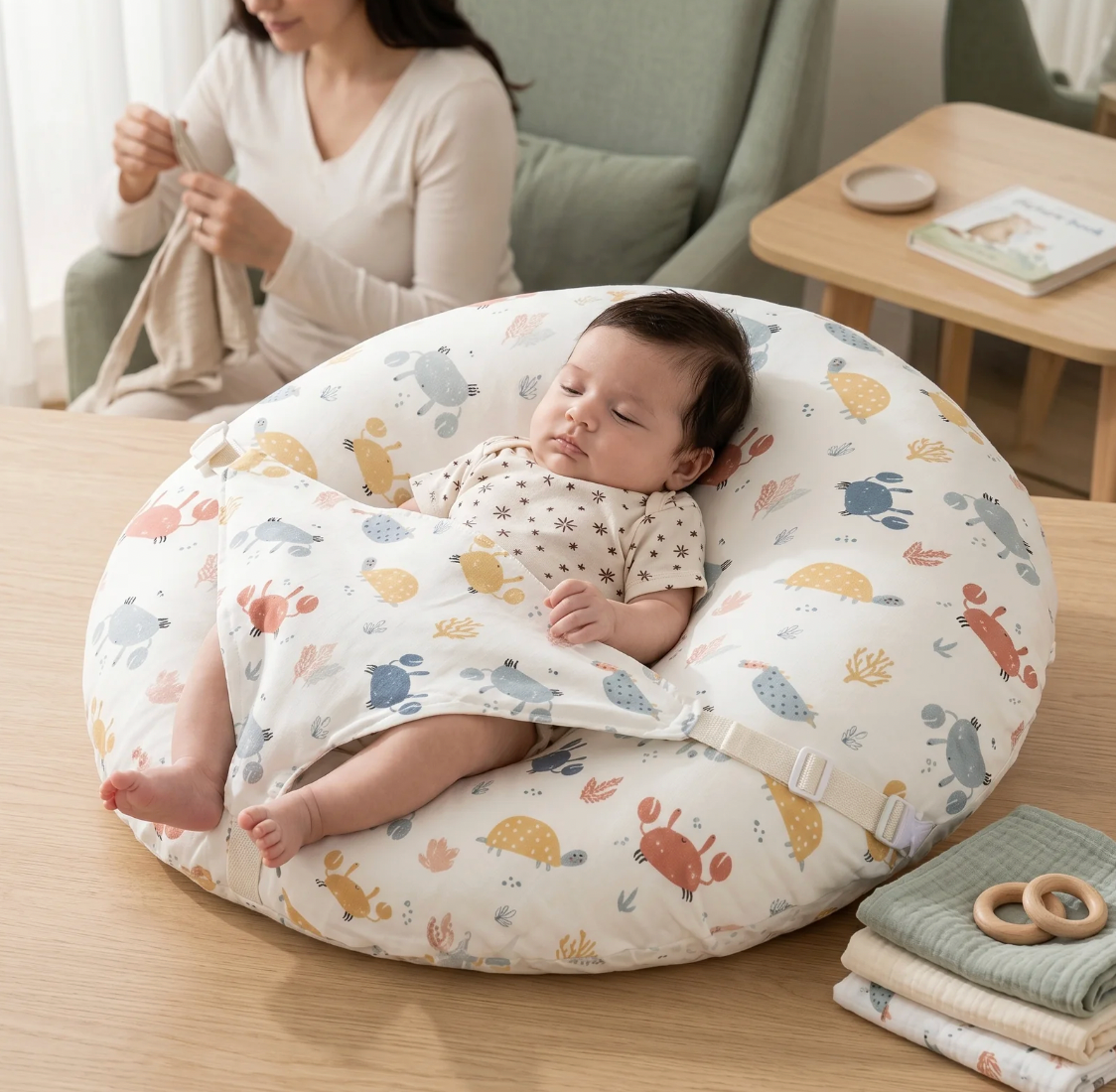 Baby sleeping in a patterned boppy with a woman sitting in the background