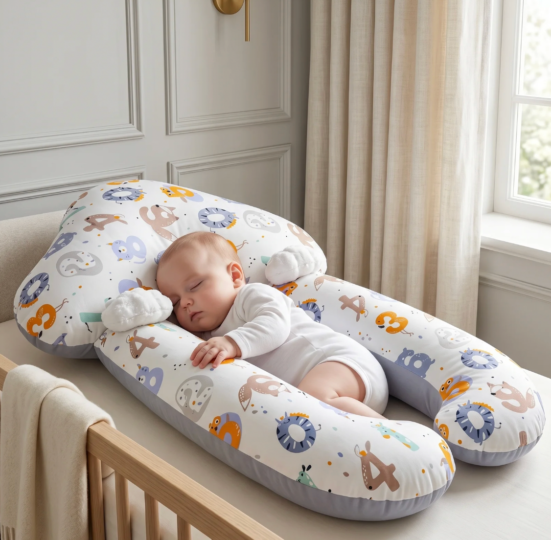Baby sleeping on a colorful U-shaped pillow in a nursery setting