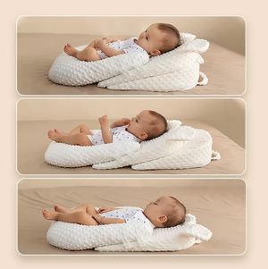Collage of a baby lying on a white textured pillow against a beige background