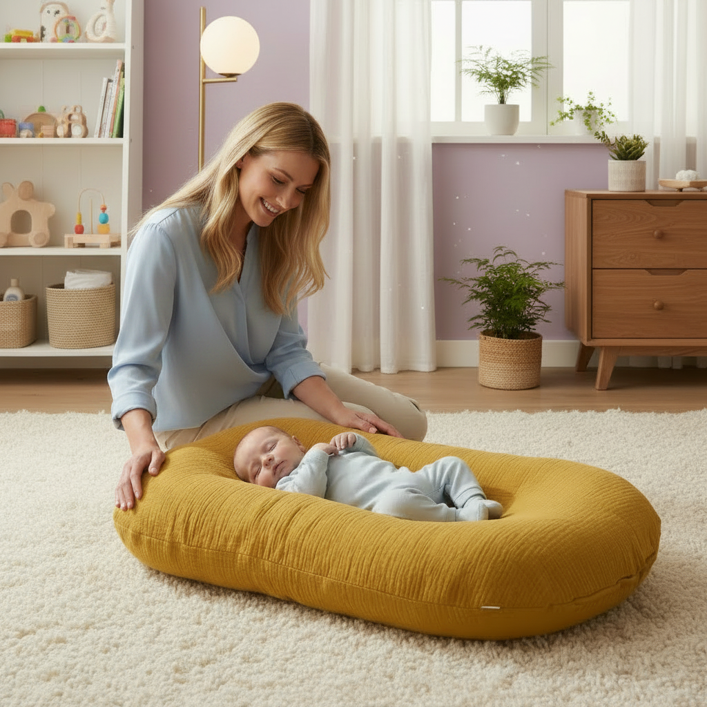 Woman sitting on the floor with a baby lying on a yellow cushion in a nursery.