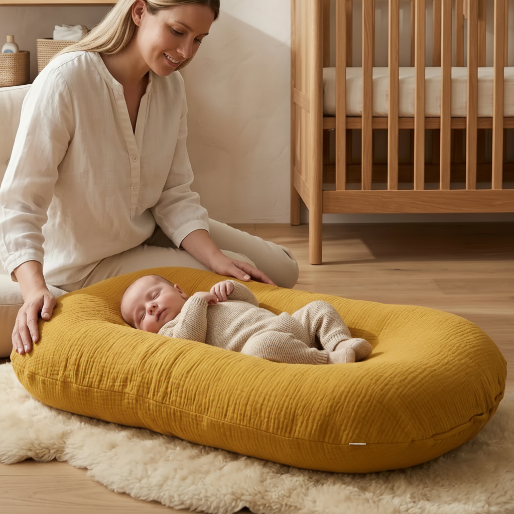 Woman sitting on the floor with a baby lying on a yellow cushion in a nursery.