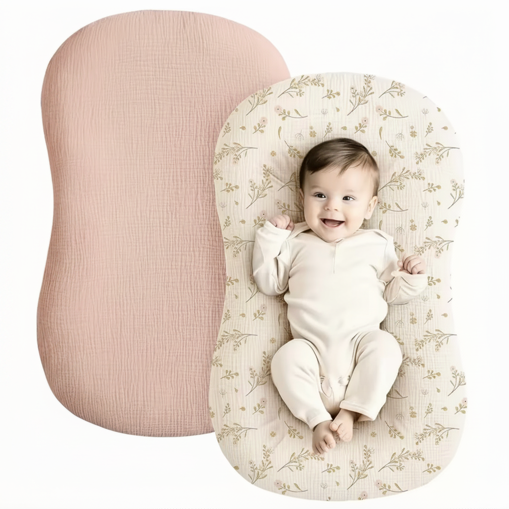 Baby lying on a floral-patterned cushion next to a pink cushion on a white background