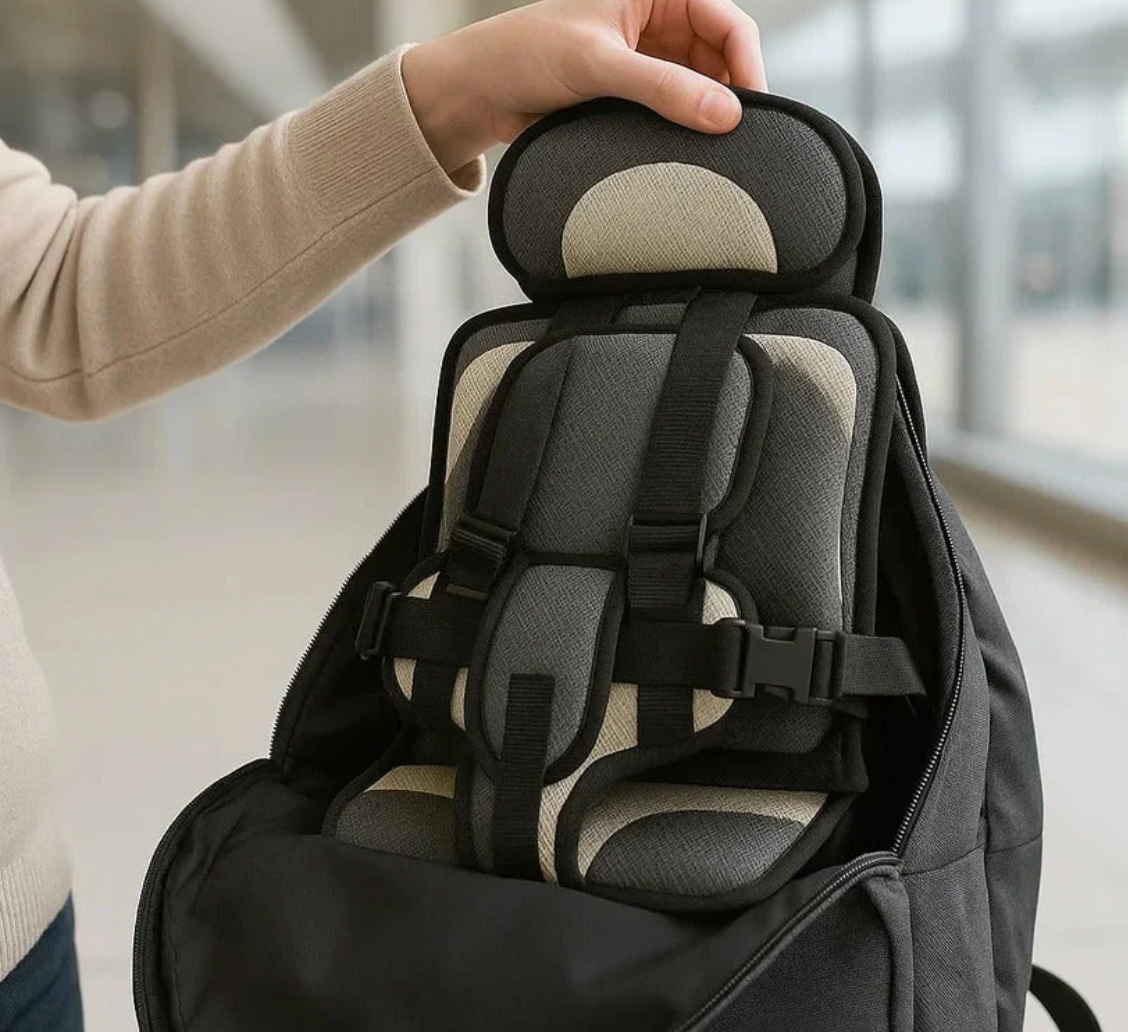 Child car seat being placed into a backpack with a blurred indoor background