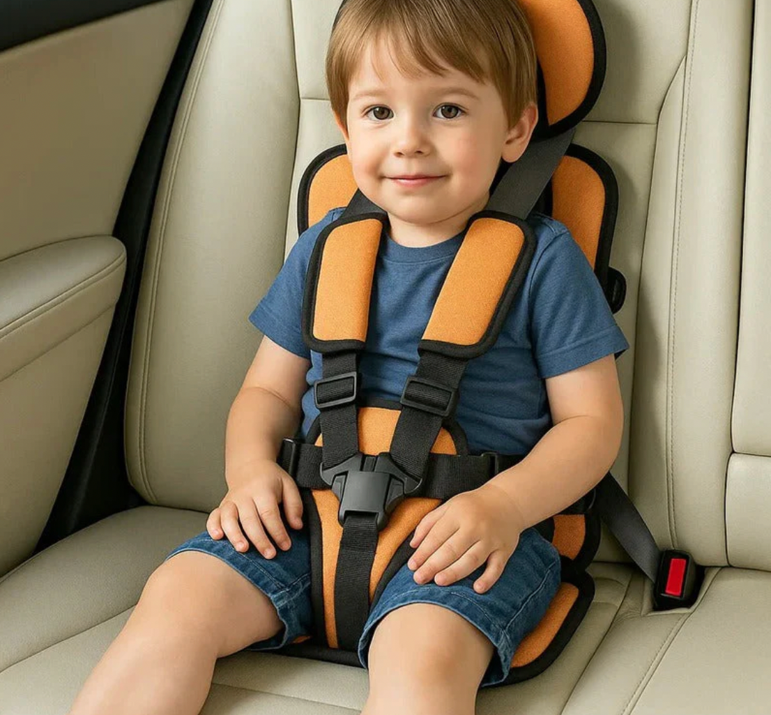 Child sitting in a car seat with orange and black straps