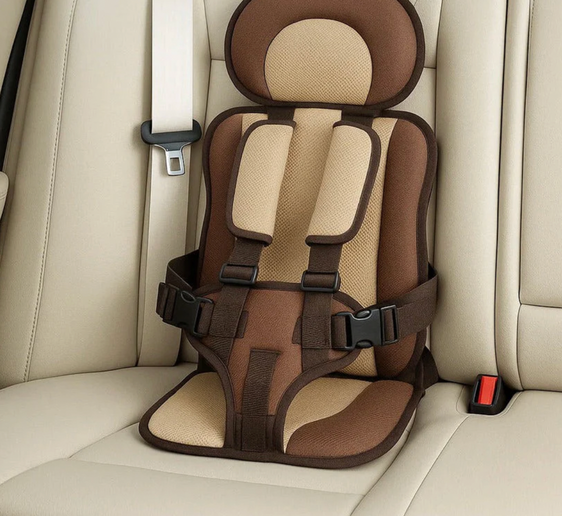 Brown and beige car seat for children on a beige car seat cover