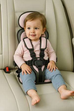 Child in a car seat with safety harness