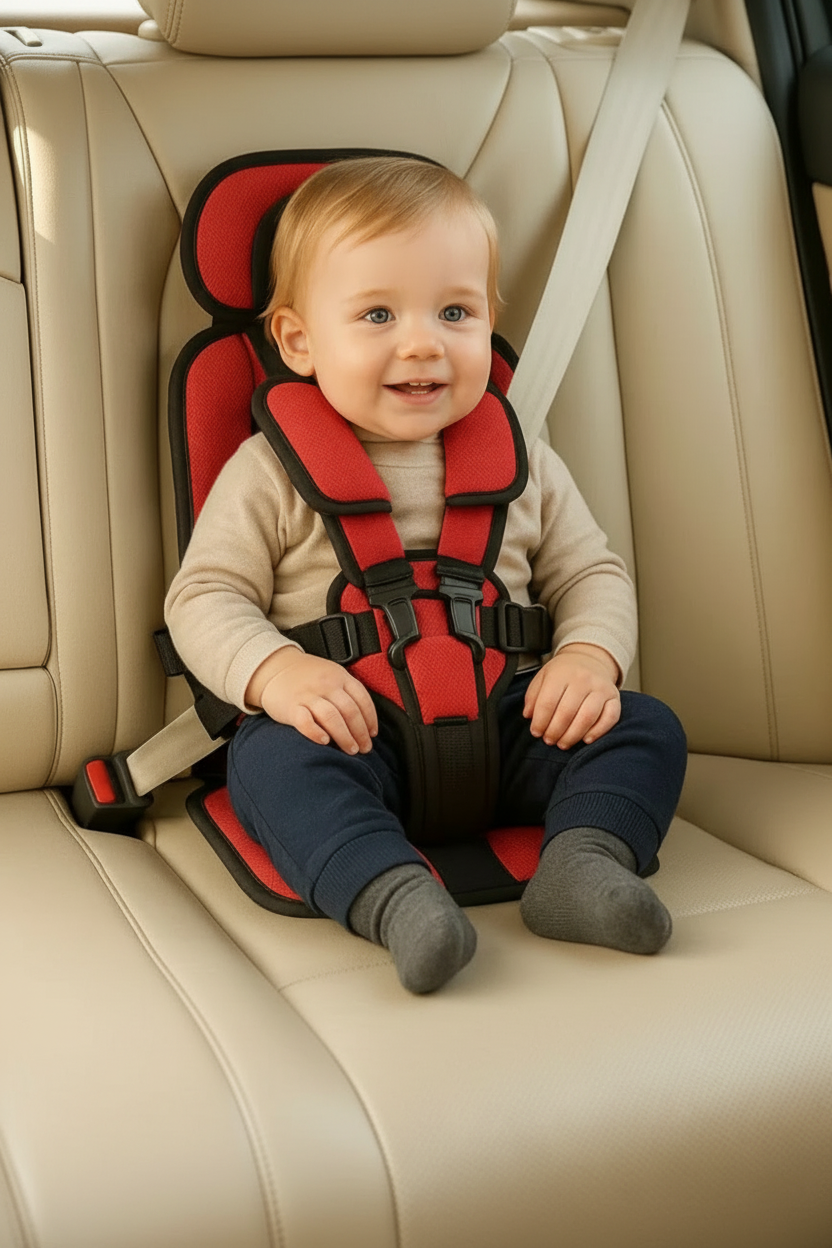Child in a red and black car seat 