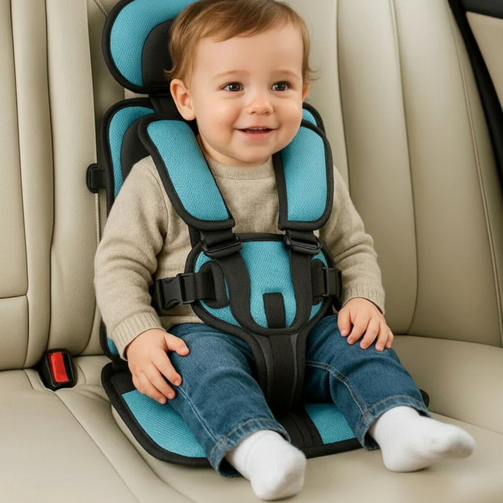 Child in a blue car seat 