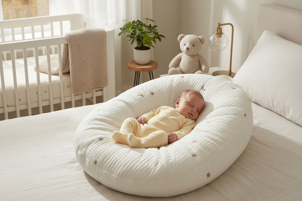 Baby lying in a white baby nest in a cozy room with a crib and teddy bear in the background.