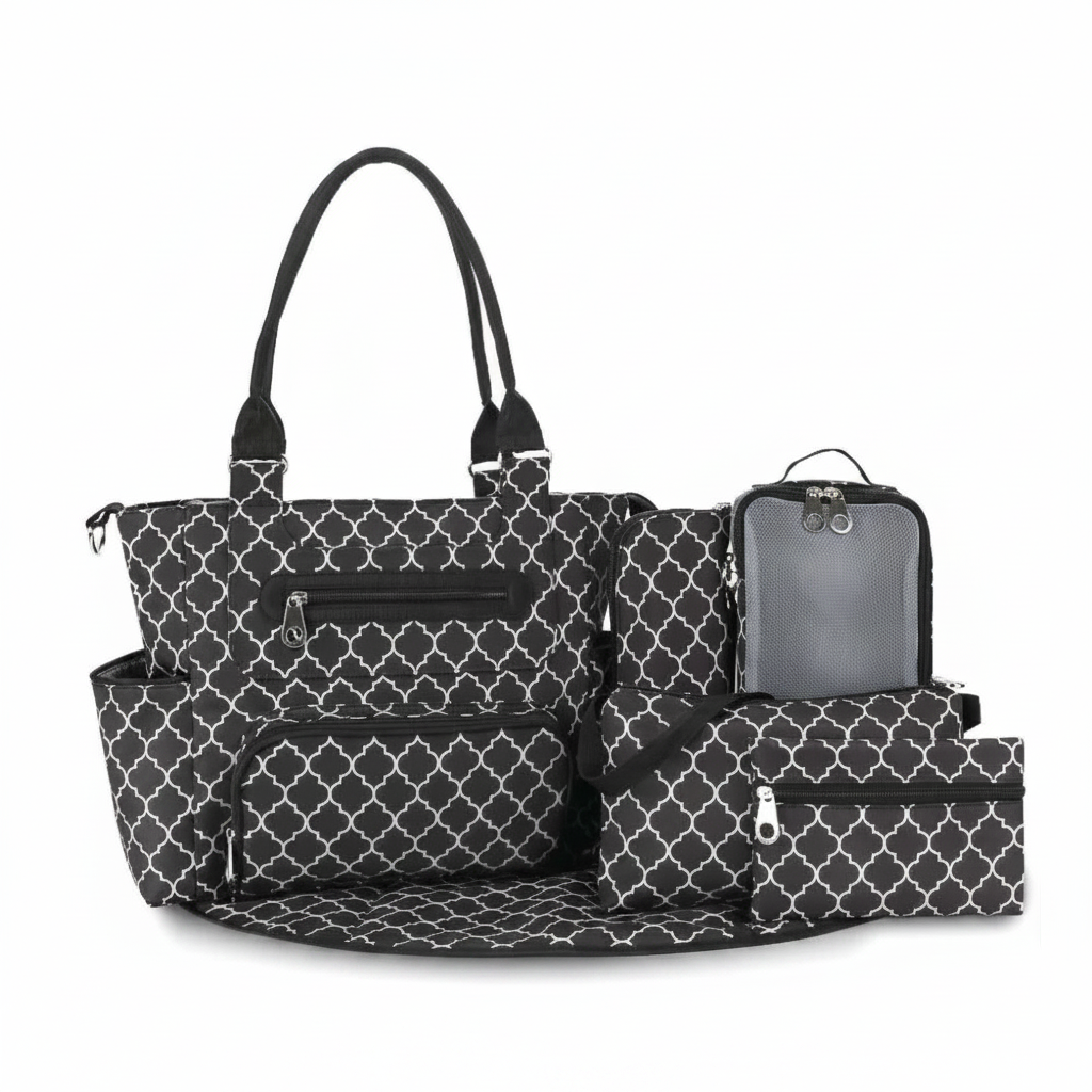 Black geometric patterned diaper bag with multiple pockets on a white background