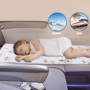 Child sleeping on a travel pillow in an airplane seat with insets of airplane and train.