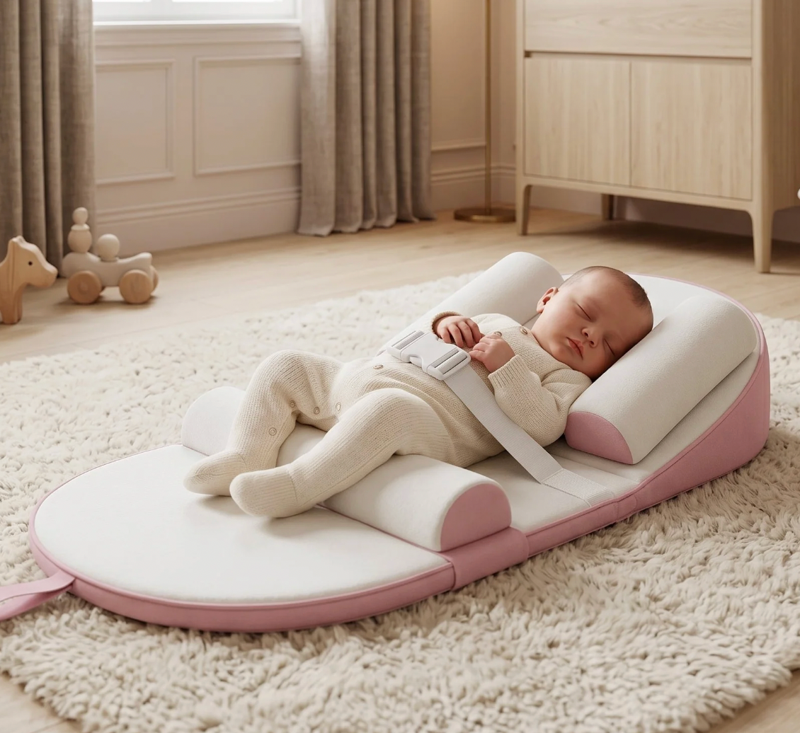 Baby lying on a pink and white safety cushion in a nursery.