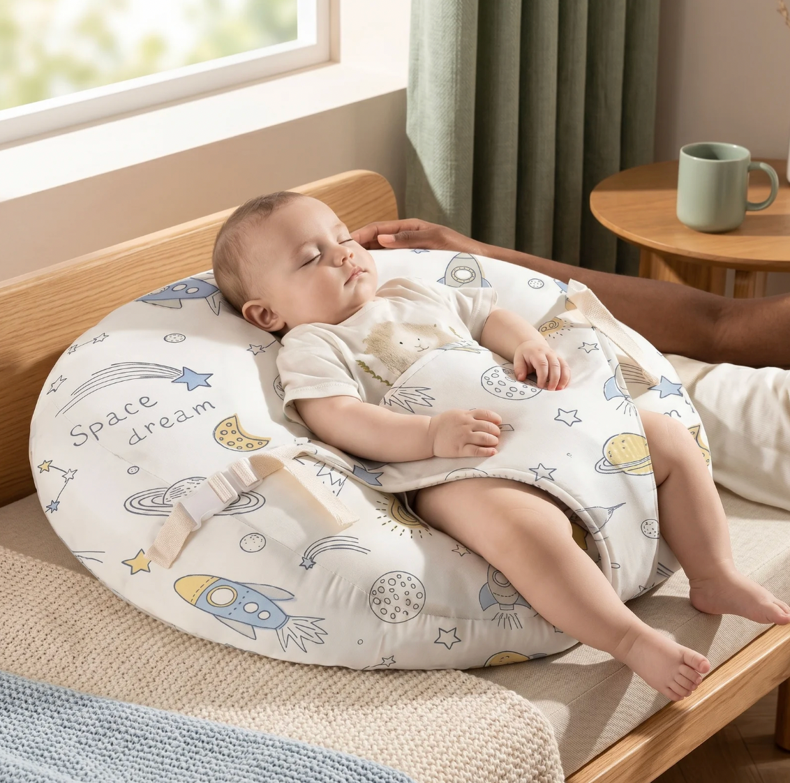 Baby sleeping on a cushion with space-themed design in a cozy room.