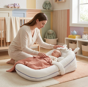 Woman tending to a baby in a crib in a nursery