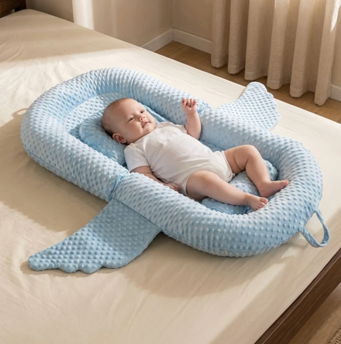 Baby lying in a blue U-shaped pillow on a bed.