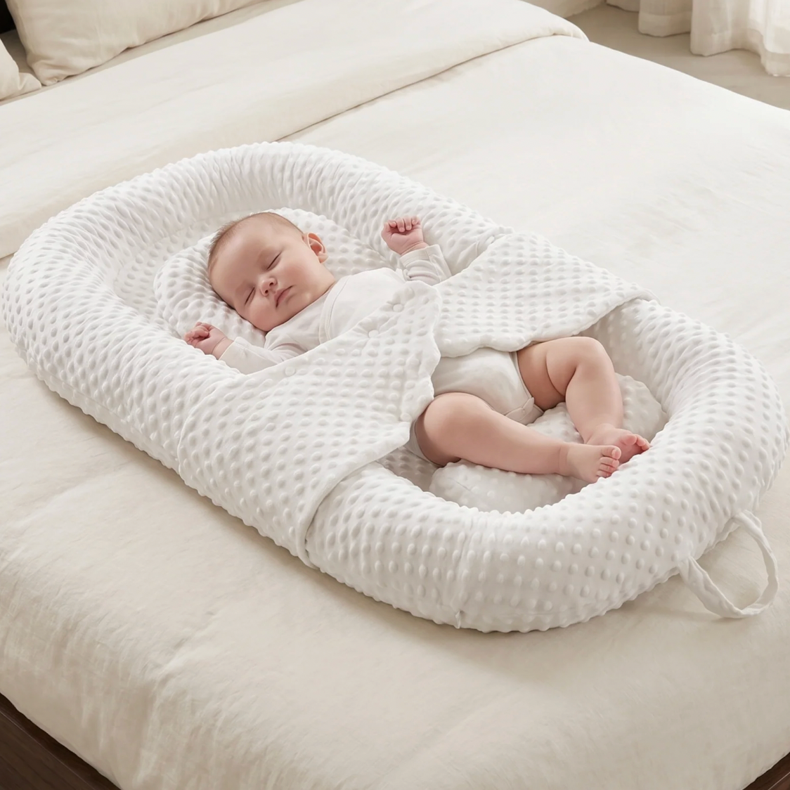 Baby sleeping in a white textured nest on a bed
