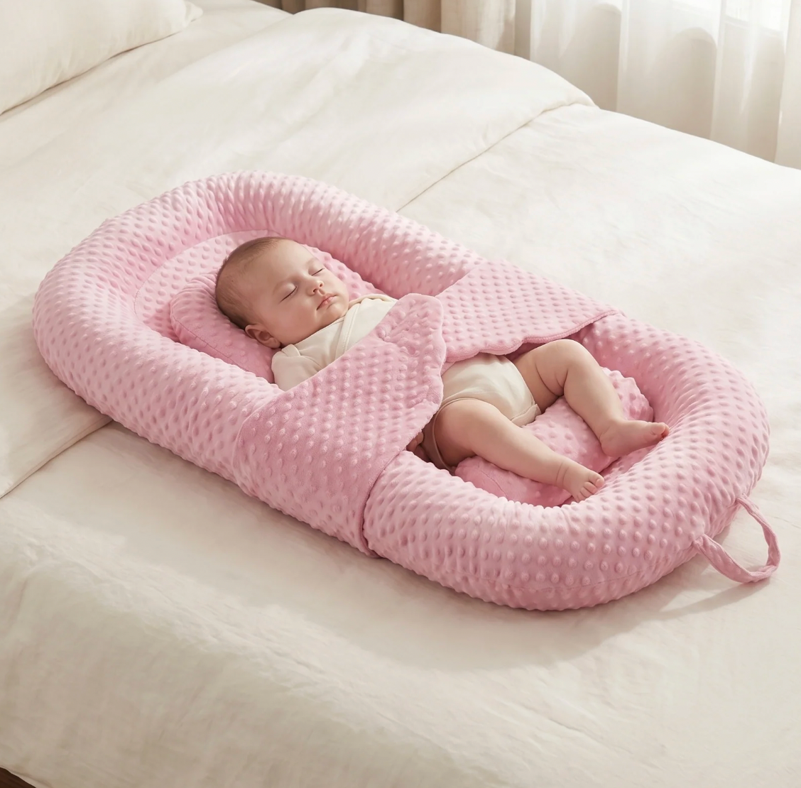 Baby sleeping in a pink baby nest on a white bed