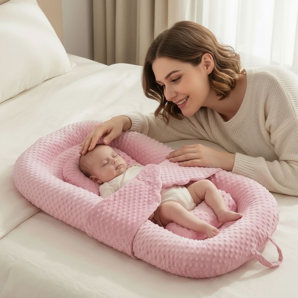 Woman with a baby in a pink baby nest on a couch