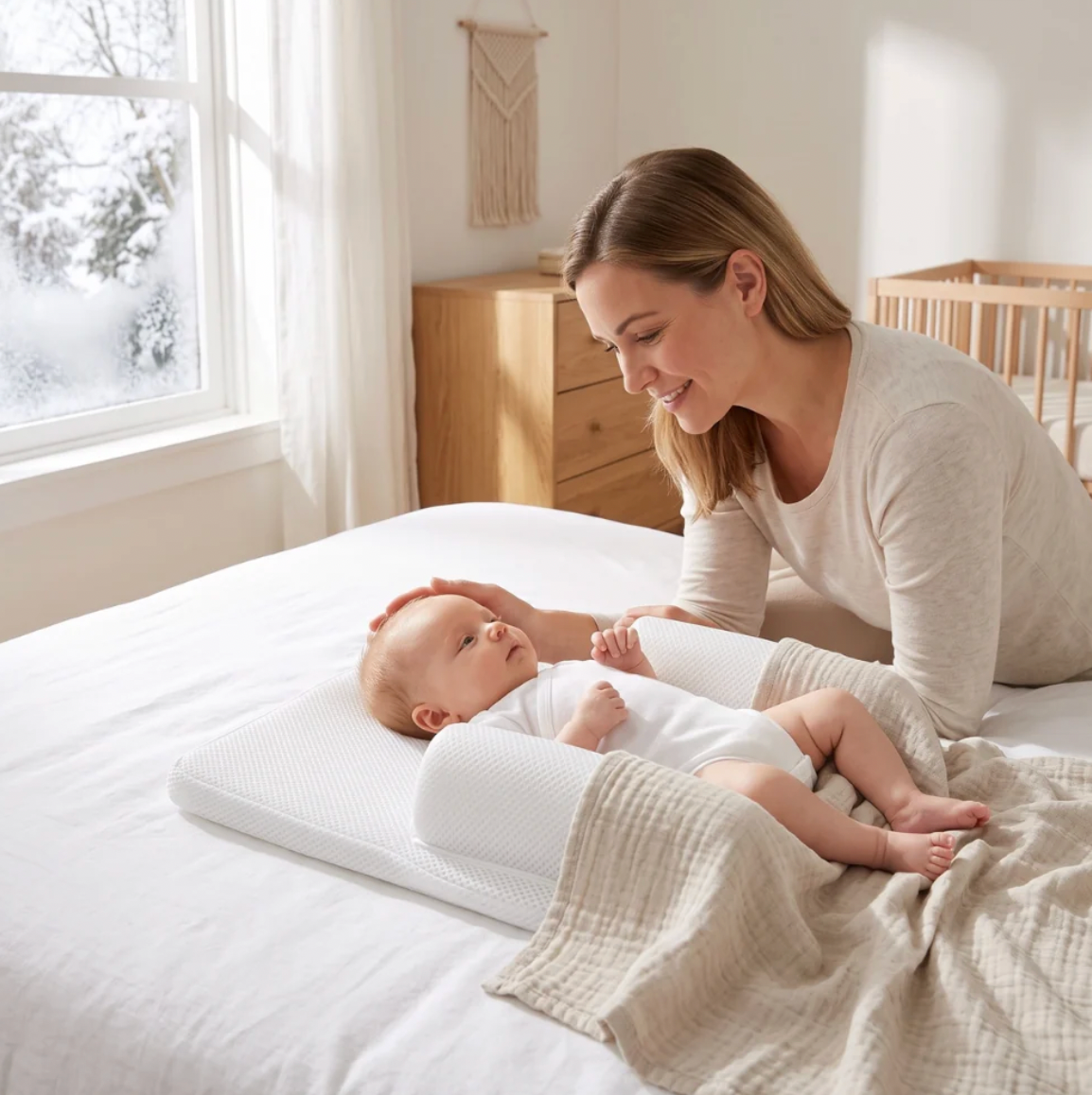 A baby lying on a white textured mattress protector or pillow on a bed, with a woman leaning over the bed and smiling. The scene is set in a bright, modern nursery with natural light coming from a window.
