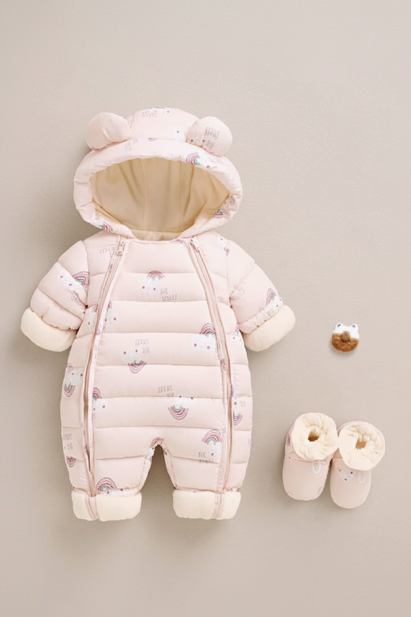 A baby's pink puffer snowsuit with a hood featuring bear ears, decorated with a small rainbow and animal print. The suit is shown with matching booties on a neutral beige background.