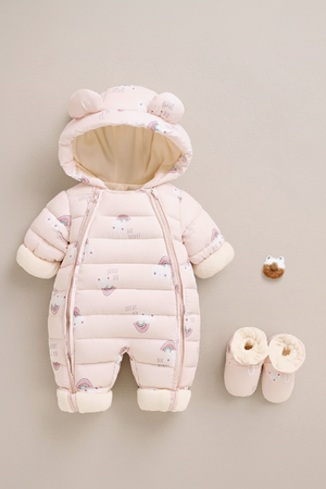 A baby's pink puffer snowsuit with a hood featuring bear ears, decorated with a small rainbow and animal print. The suit is shown with matching booties on a neutral beige background.