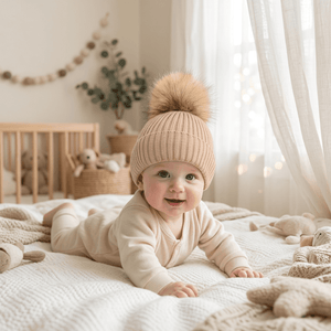 A baby wearing a beige ribbed knit beanie with a large tan faux-fur pom-pom, photographed in a soft indoor setting.
