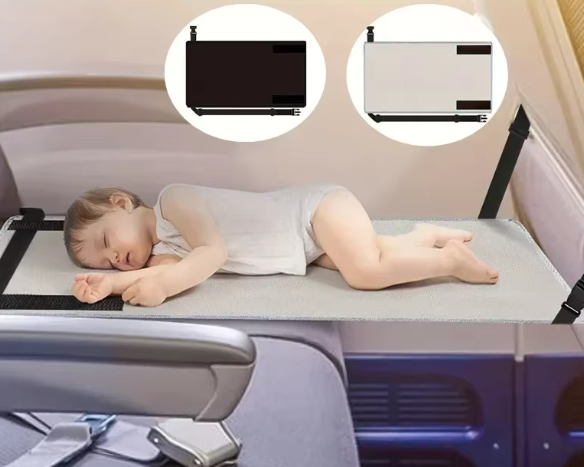 A toddler lying on a gray airplane hammock seat bed attached to an airplane seat, with images showing the product in different states.