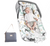 Baby in a patterned baby bouncer with a matching bag on a white background