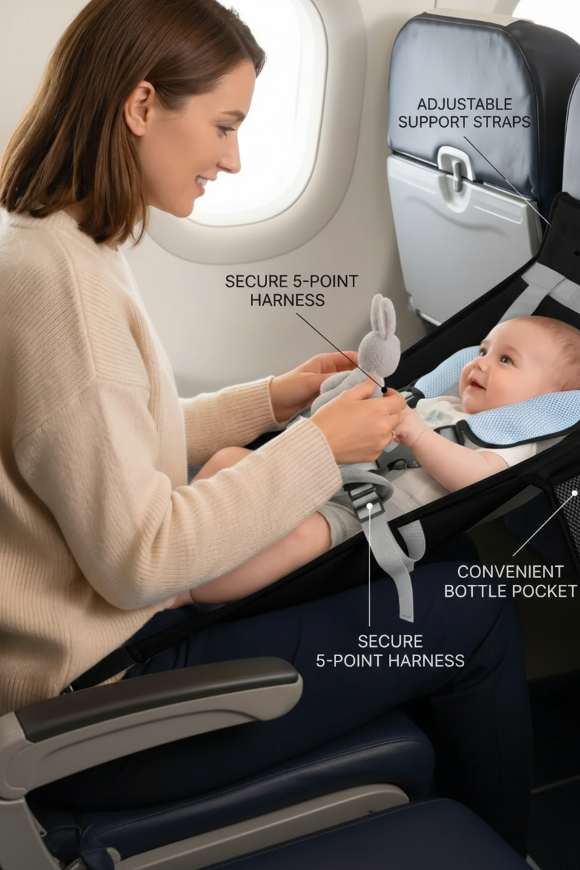 Woman holding a baby in an airplane seat with features highlighted