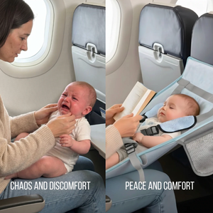 Comparison of a crying baby with a mother and a baby in a car seat with text 'Chaos and Discomfort' and 'Peace and Comfort'.