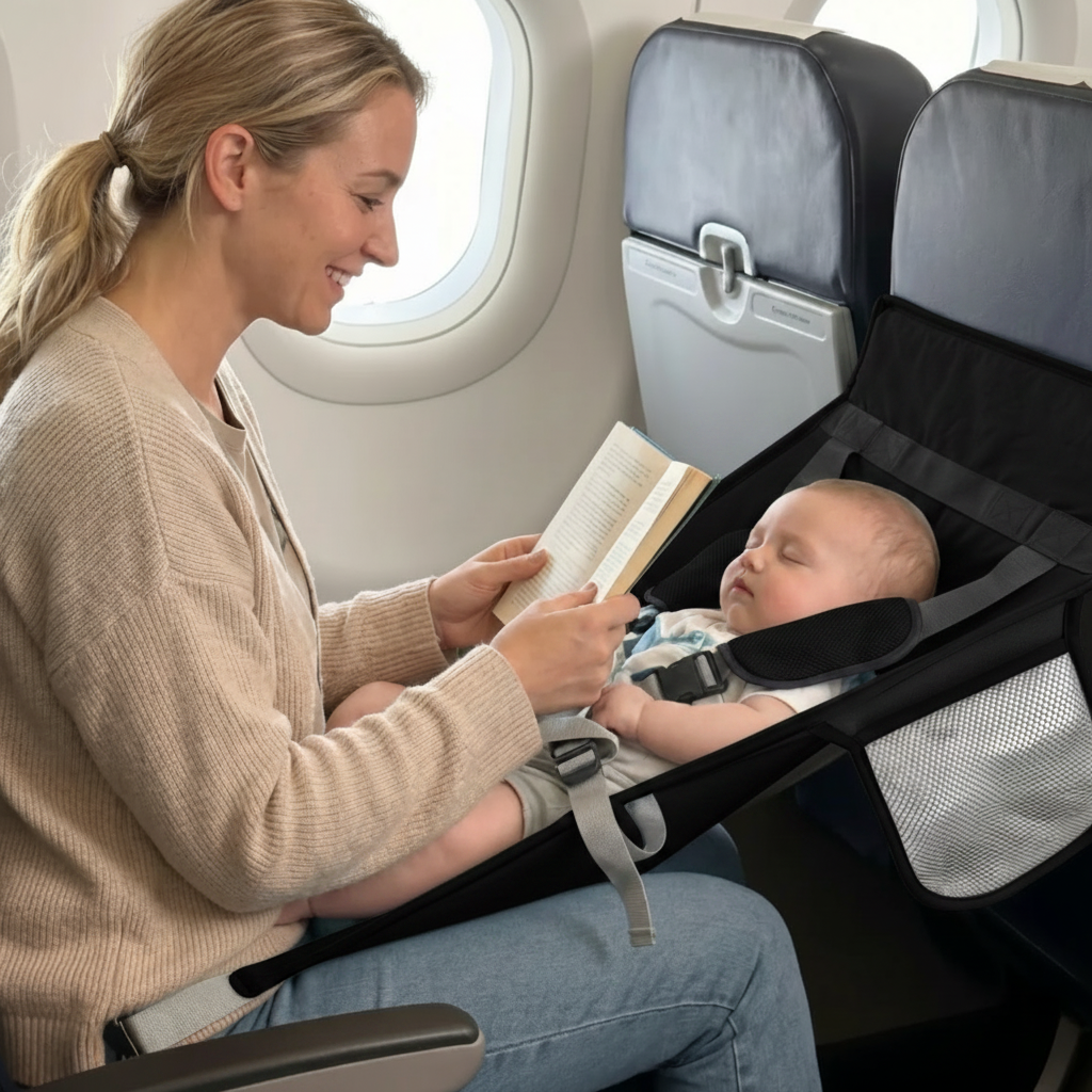 Woman reading a book to a baby in a portable bassinet on an airplane.