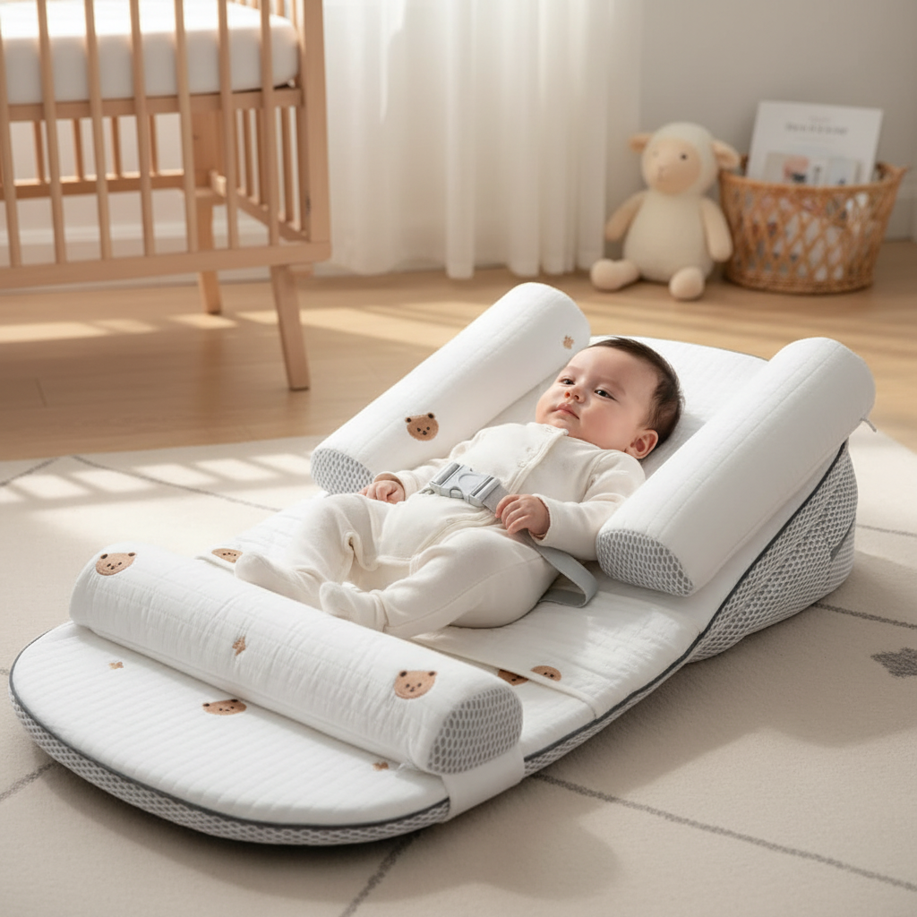 A baby in a white onesie rests on a white baby support pillow with padded head and foot supports, decorated with small teddy bear faces. The scene is set in a softly lit nursery with a wooden crib, sheer curtains, a plush toy, and a basket in the background.