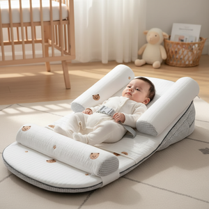 A baby in a white onesie rests on a white baby support pillow with padded head and foot supports, decorated with small teddy bear faces. The scene is set in a softly lit nursery with a wooden crib, sheer curtains, a plush toy, and a basket in the background.