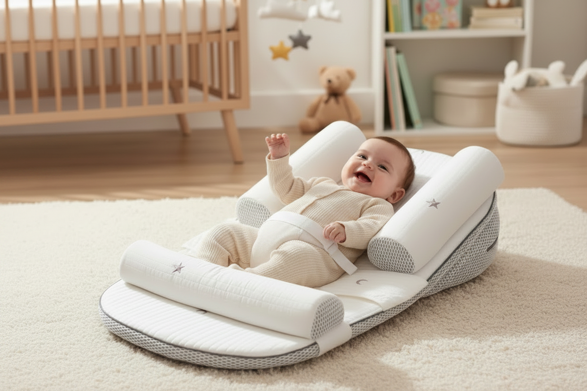 A baby lying on a white and gray baby lounger bassinet on a cream rug in a softly lit nursery. The baby is wearing a cream outfit and smiling with one arm raised.