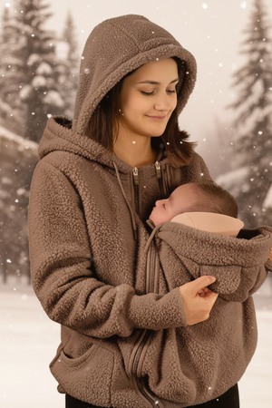 A woman wearing a brown sherpa fleece zip-up hoodie with a baby carrier pouch holding a sleeping newborn baby, set against a snowy outdoor background with a heat icon overlay.