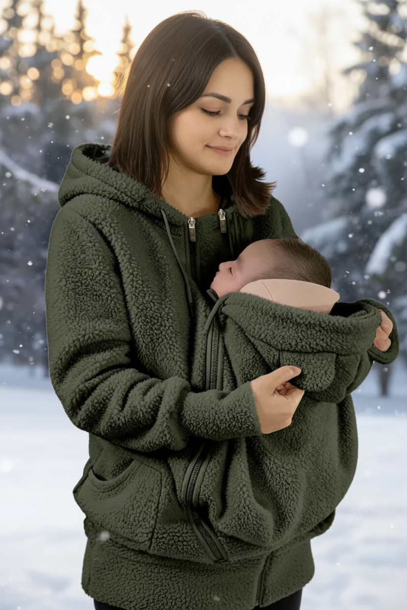 A woman wearing an olive green fleece hoodie with a built-in baby carrier pocket holding a baby, set against a snowy outdoor background with a flame graphic indicating warmth.