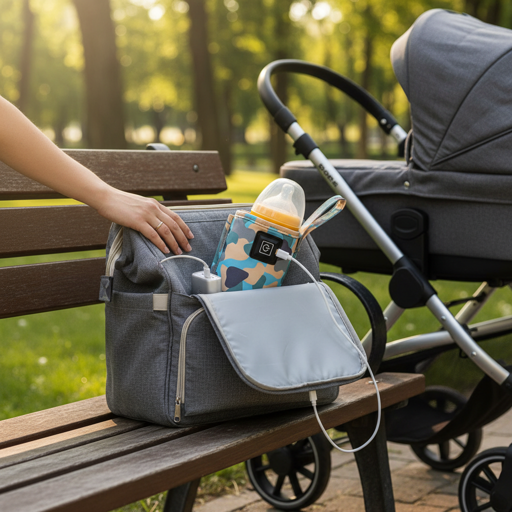 A baby bottle wrapped in a blue, green, and beige camouflage pattern sleeve with an integrated black power button and USB charging port, shown alongside a white USB charging cable on a solid orange background.