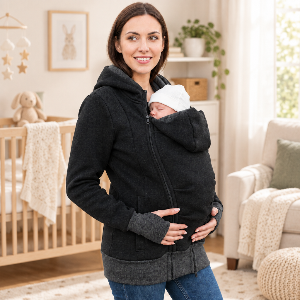A woman wearing a black hooded baby carrier jacket with a newborn baby tucked inside, photographed against a clean white studio background.