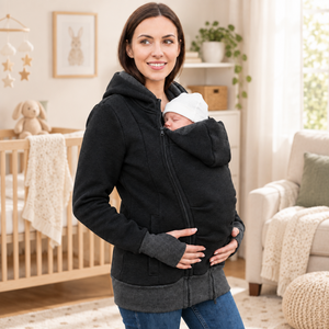 A woman wearing a black hooded baby carrier jacket with a newborn baby tucked inside, photographed against a clean white studio background.