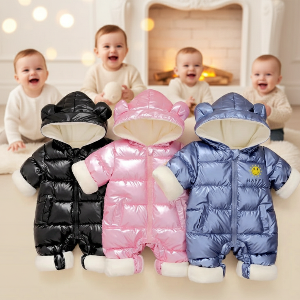Three baby rompers in black, pink, and blue with a baby in the background.