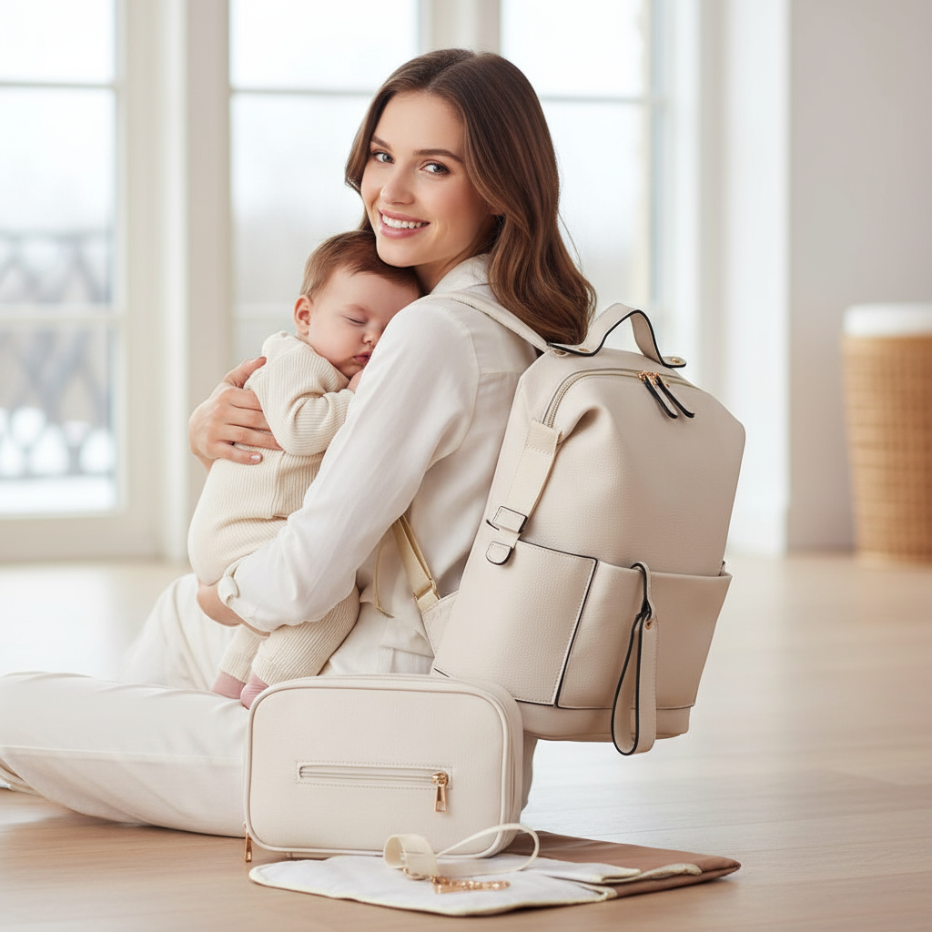 Chic Large Vegan Leather Diaper Bag with Changing Pad