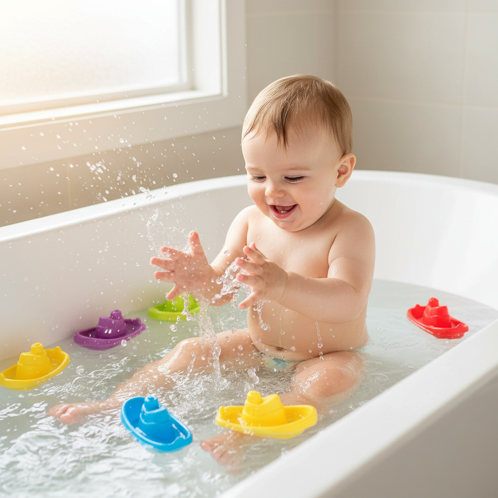 Baby playing in a bathtub with colorful bath toys