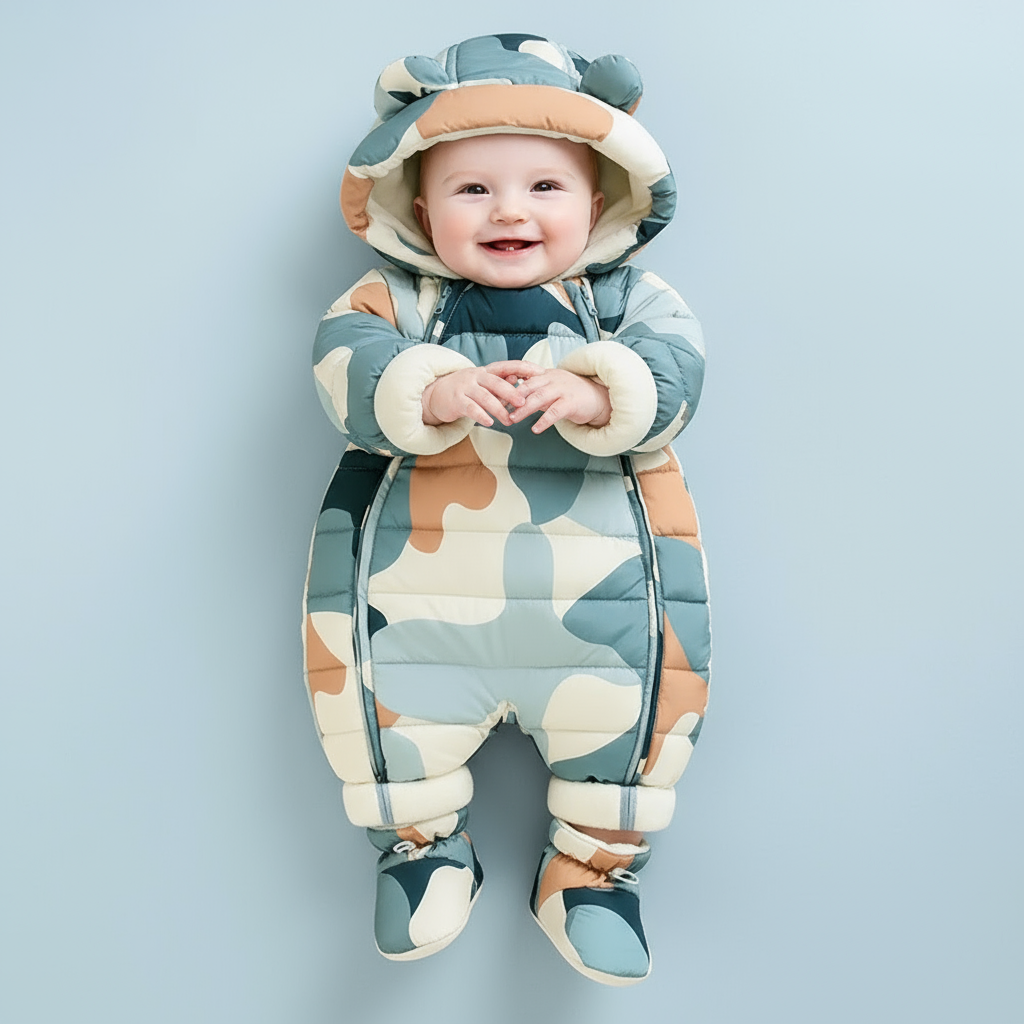 Baby wearing a colorful camouflage snowsuit on a light blue background