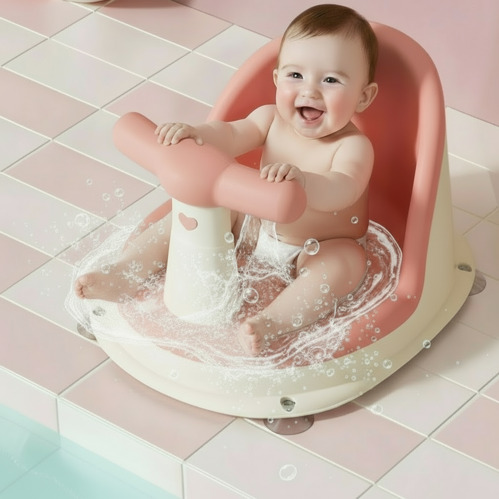 Baby sitting in a pink bathtub with water splashing around