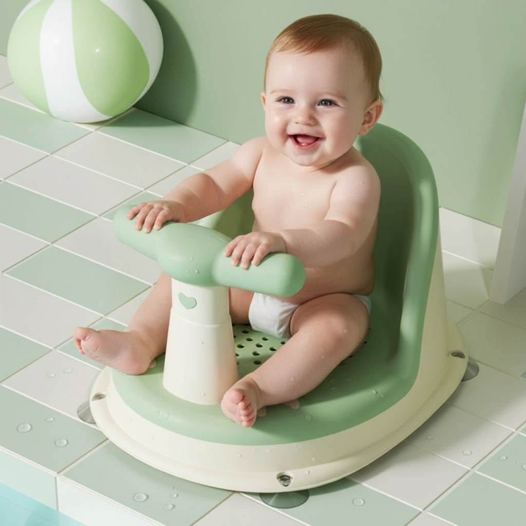 Baby sitting in a green and white bath seat on a tiled bathroom floor.