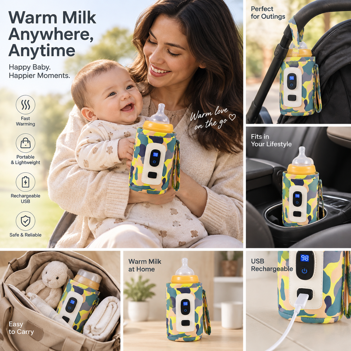 A collage showing a portable baby bottle warmer in use with a woman holding a baby, in a stroller, in a car cup holder, in a bag, and plugged into a USB charger. The warmer has a yellow and green camouflage pattern with a blue digital display.